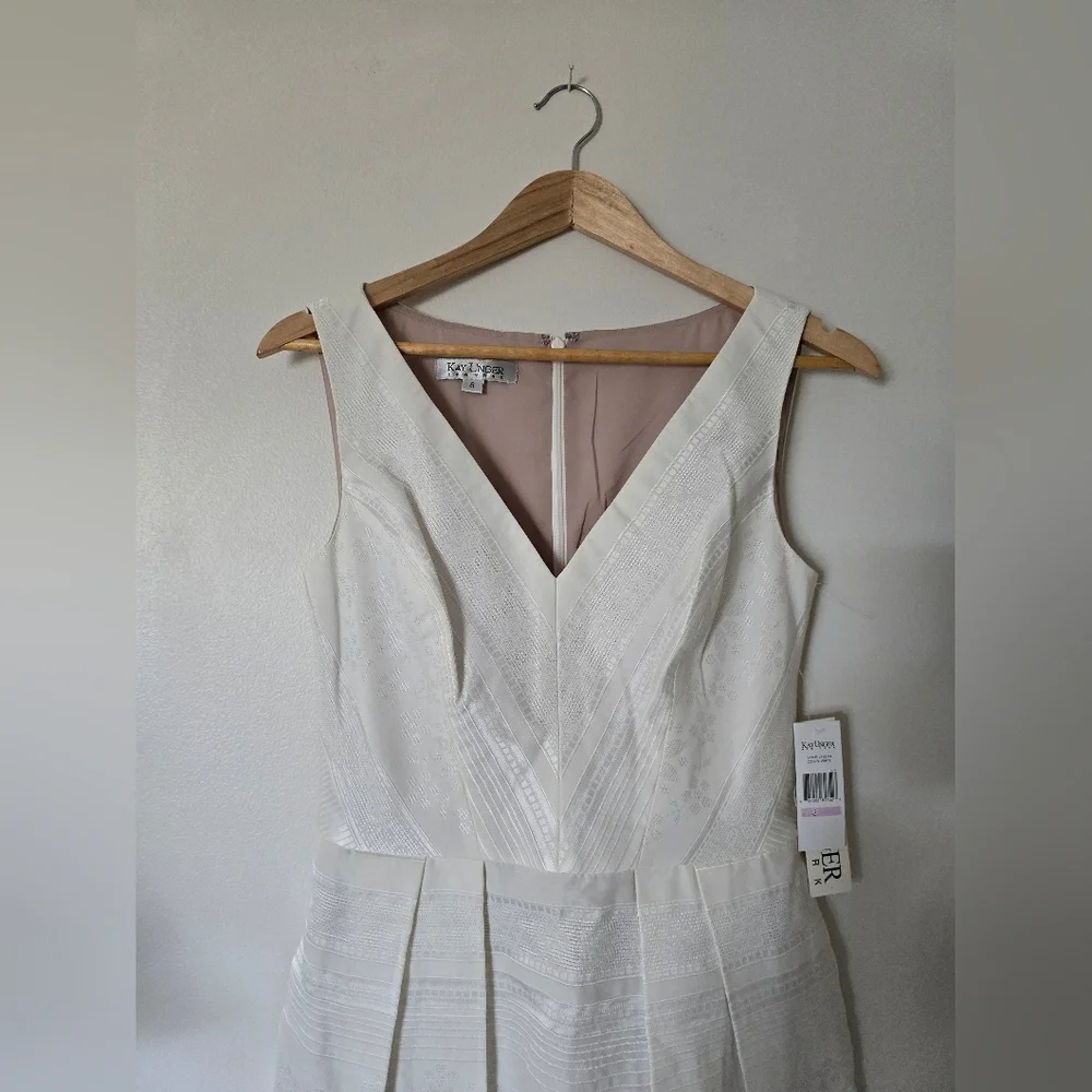 New Kay Unger New York Womens Size 6 A Line V Neck Short Ivory Sleeveless Dress - Picture 2 of 16